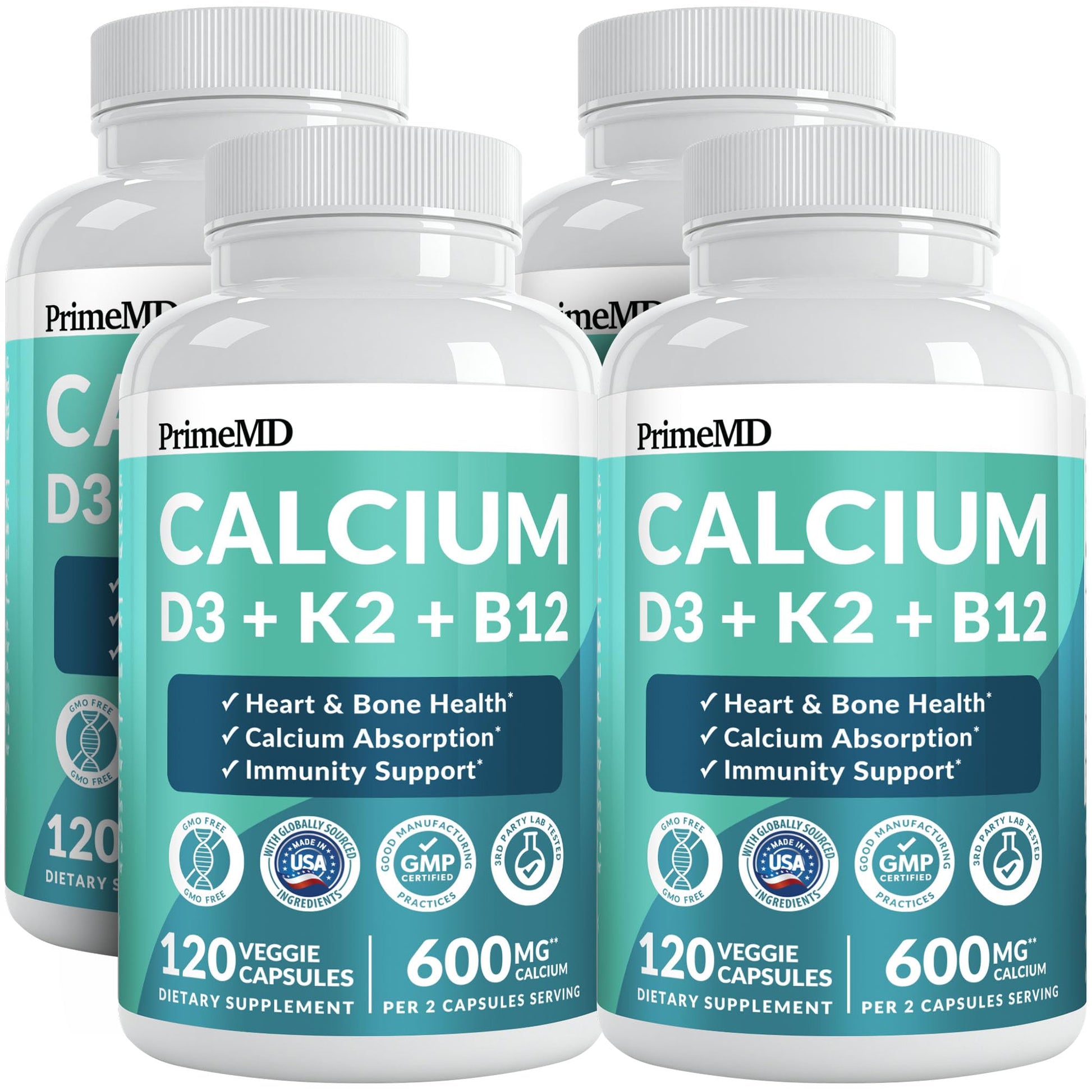PrimeMD 4-in-1 Calcium 1200mg, Vitamin D3 K2 5000IU, Vegan Non-GMO Capsules, 480 Count