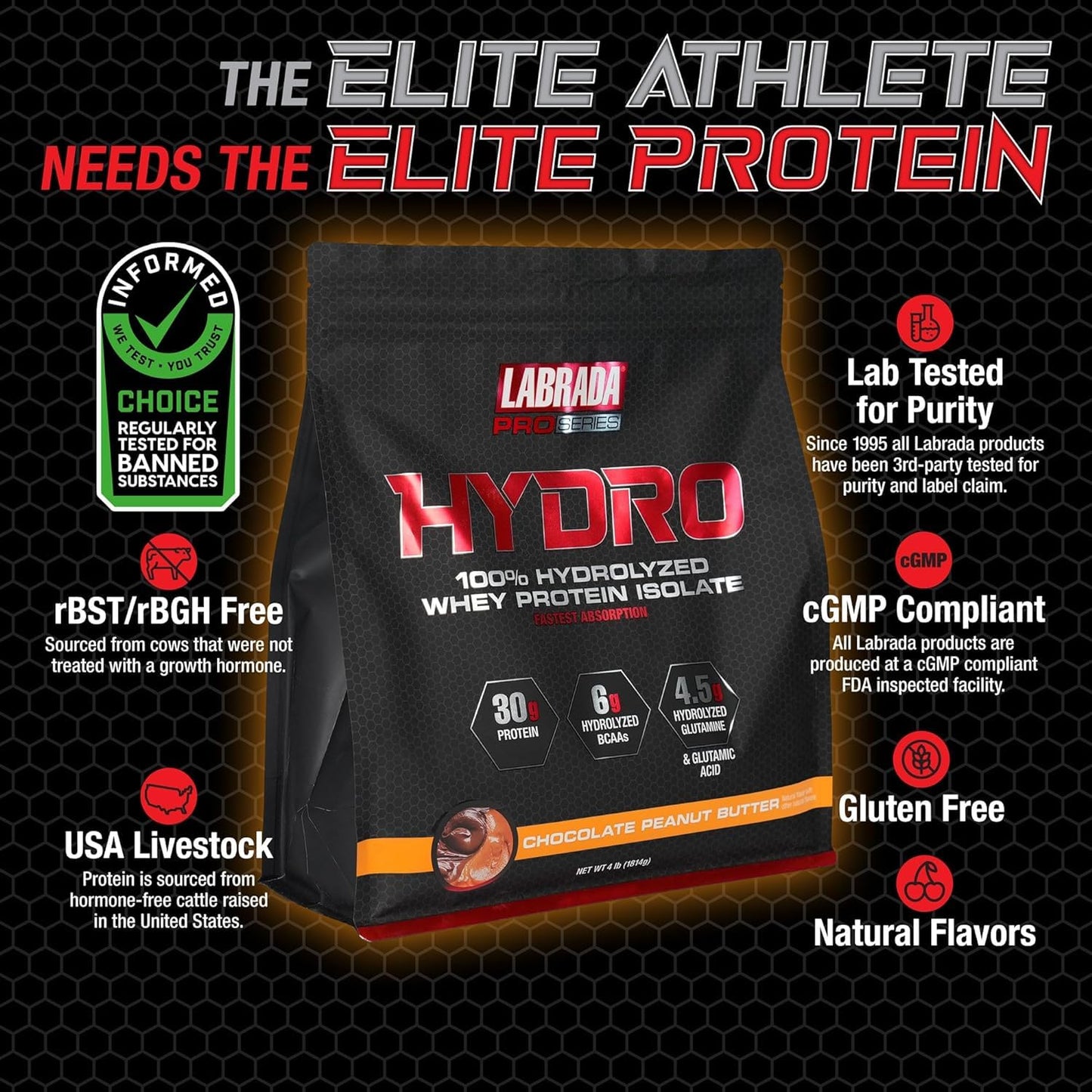 Labrada Hydro 100% Pure Hydrolyzed Whey Protein Isolate Powder, Lactose Free, Glutamine, Fastest Digesting Whey Available, Instant Mixing, Delicious Taste 64 Servings (Peanut Butter)