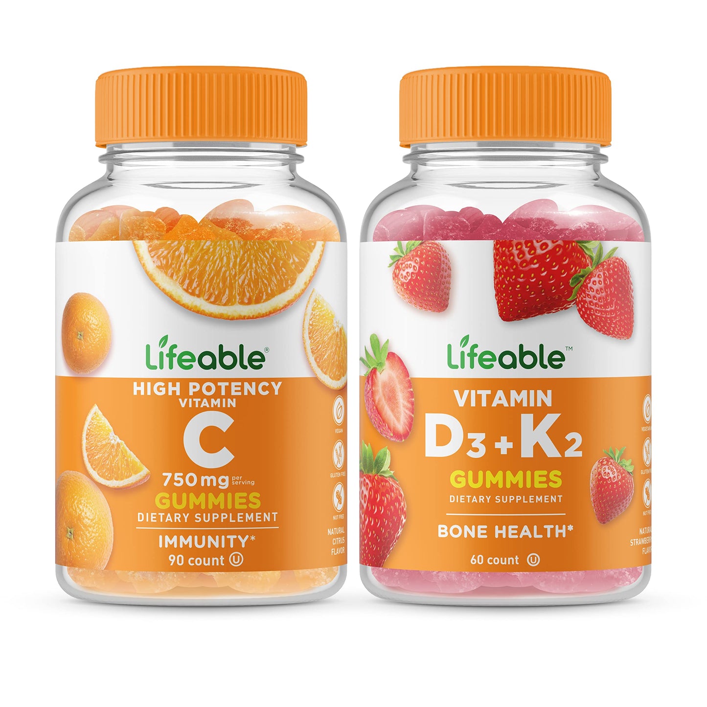 Lifeable Vitamin C 750mg + Vitamin D3 + Vitamin K2 Chewable, 180 Count