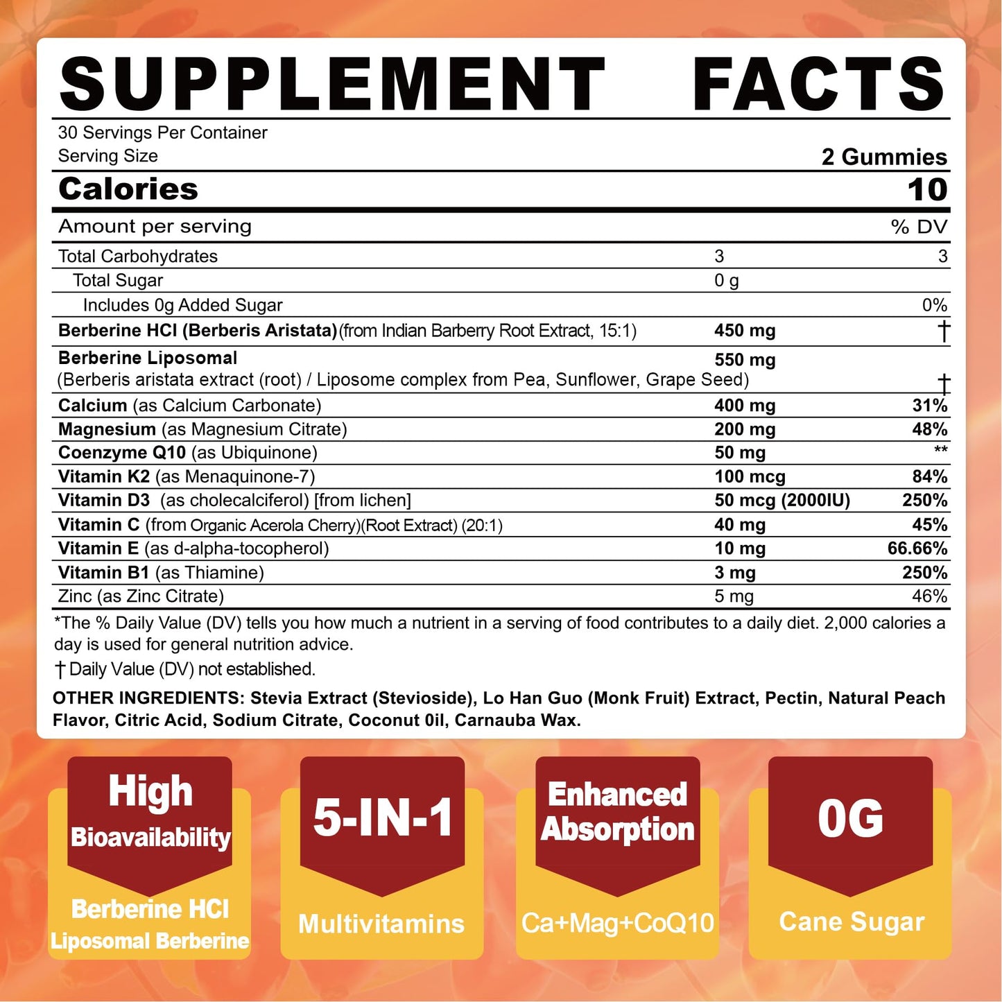 LILICARE Berberine Gummies Sugar Free with Liposomal Berberine & Berberine HCI, Calcium, Magnesium, AMPK Activator, Vegan, 60 Count