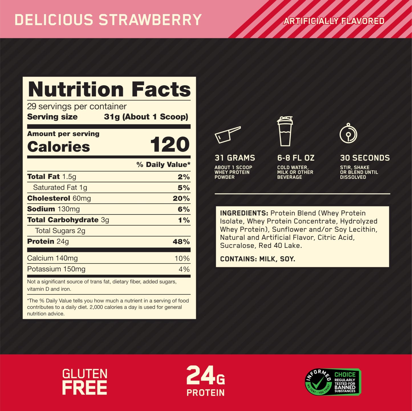 Optimum Nutrition Gold Standard 100% Whey Protein Powder, Delicious Strawberry, 10 lb, 160 Servings