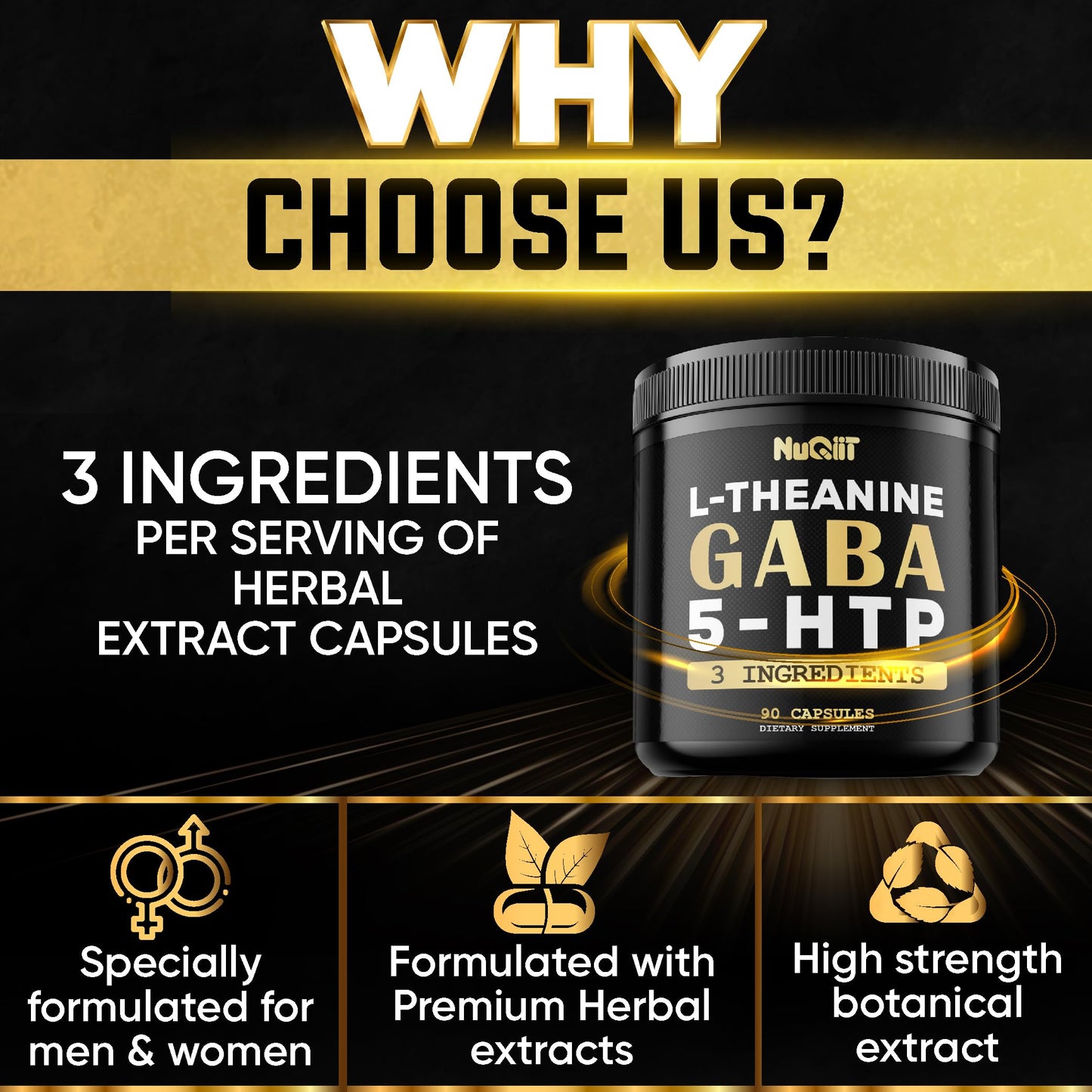 NUQIIT 3in1 GABA Supplement 750mg L-Theanine 200mg & 5-HTP 90 Capsules