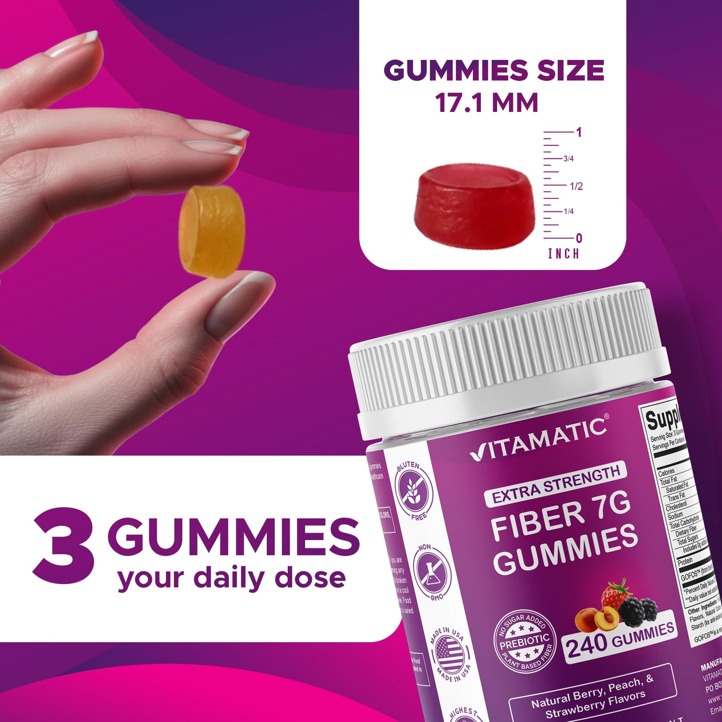 Vitamatic Prebiotic Fiber Gummies for Adults, 7G Extra Strength, Zero Sugar Added, Pectin-Based, 240 Gummies
