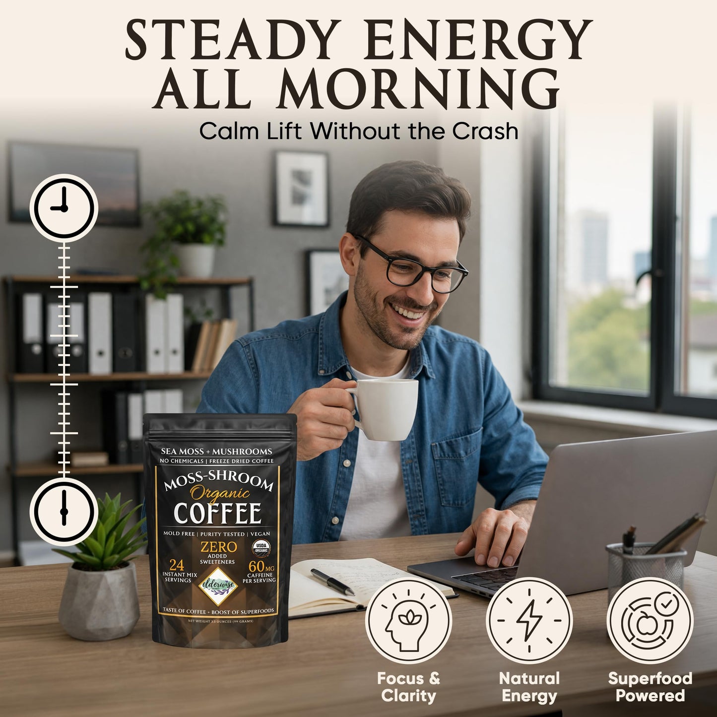 Elderwise Organics Made With Love Mushroom Coffee with Sea Moss Organic Instant Blend Powder 3.5 oz