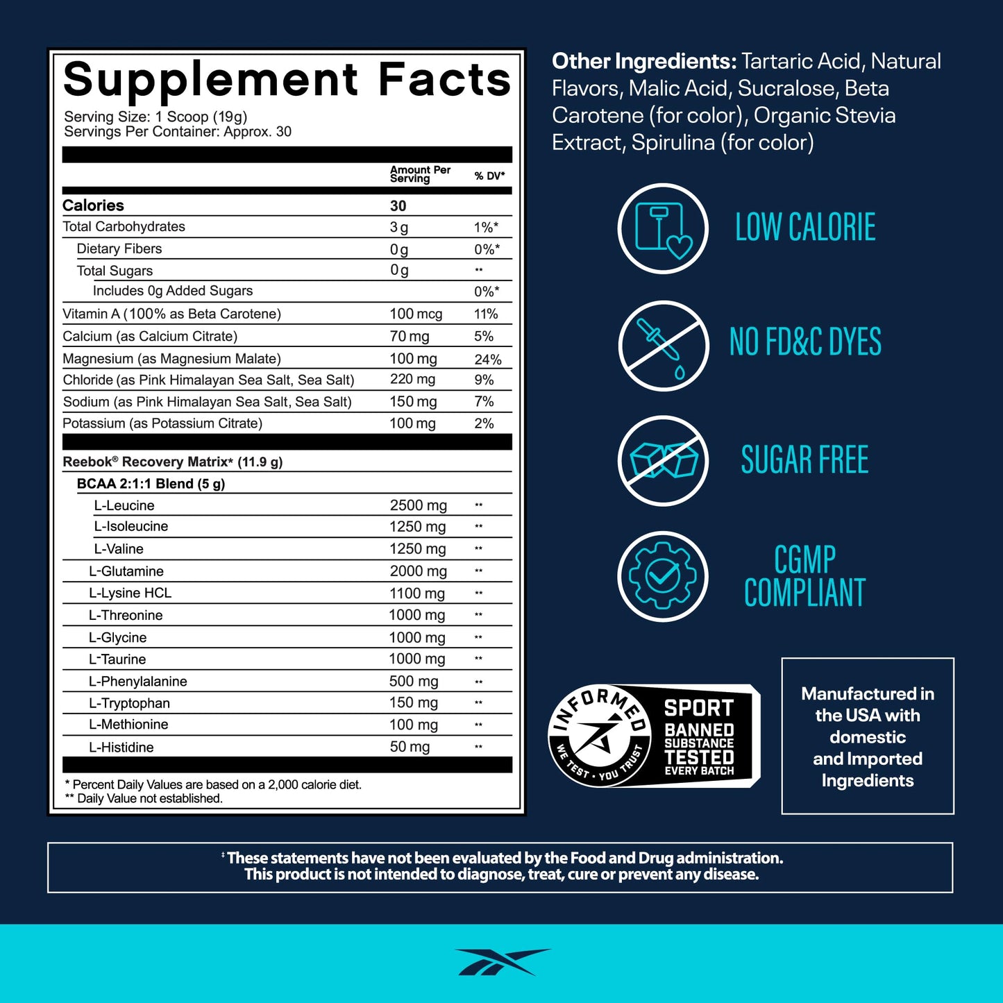 Reebok REEcover Amino Acids + Electrolytes Powder, 20.2 oz