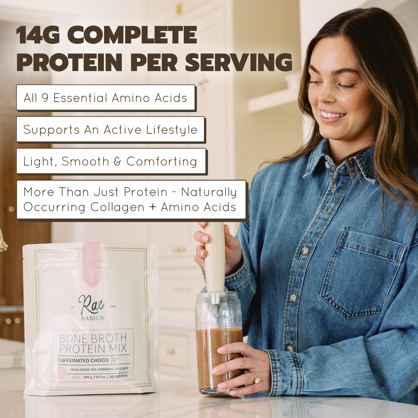 Rae Basics Bone Broth Hot Chocolate Protein Powder Starter with Caffeine, 12 Servings