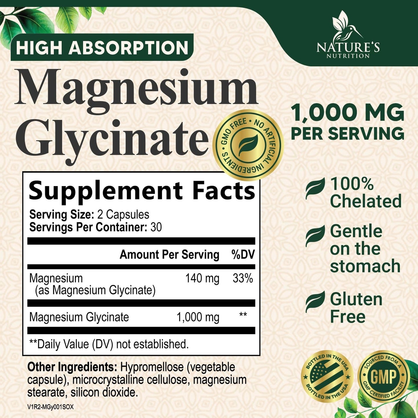 Nature's Nutrition Magnesium Glycinate 1000mg Capsules, 60 Count