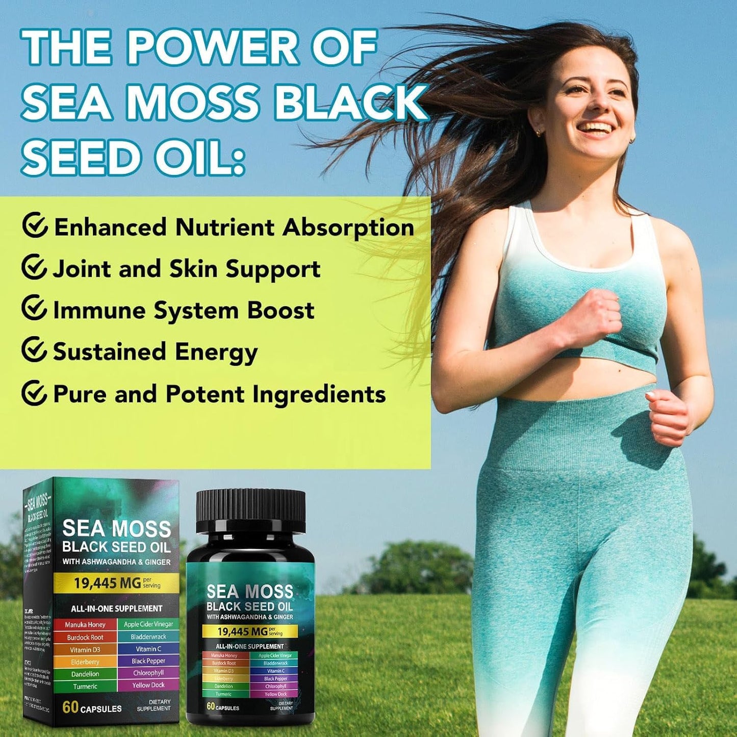 MXCZBSM Sea Moss Capsule Supplement with Black Seed Oil, Ashwagandha, Ginger, Turmeric, Bladderwrack, Burdock & Vitamin C & D3, Enhanced Immunity & Energy, 120 Capsules