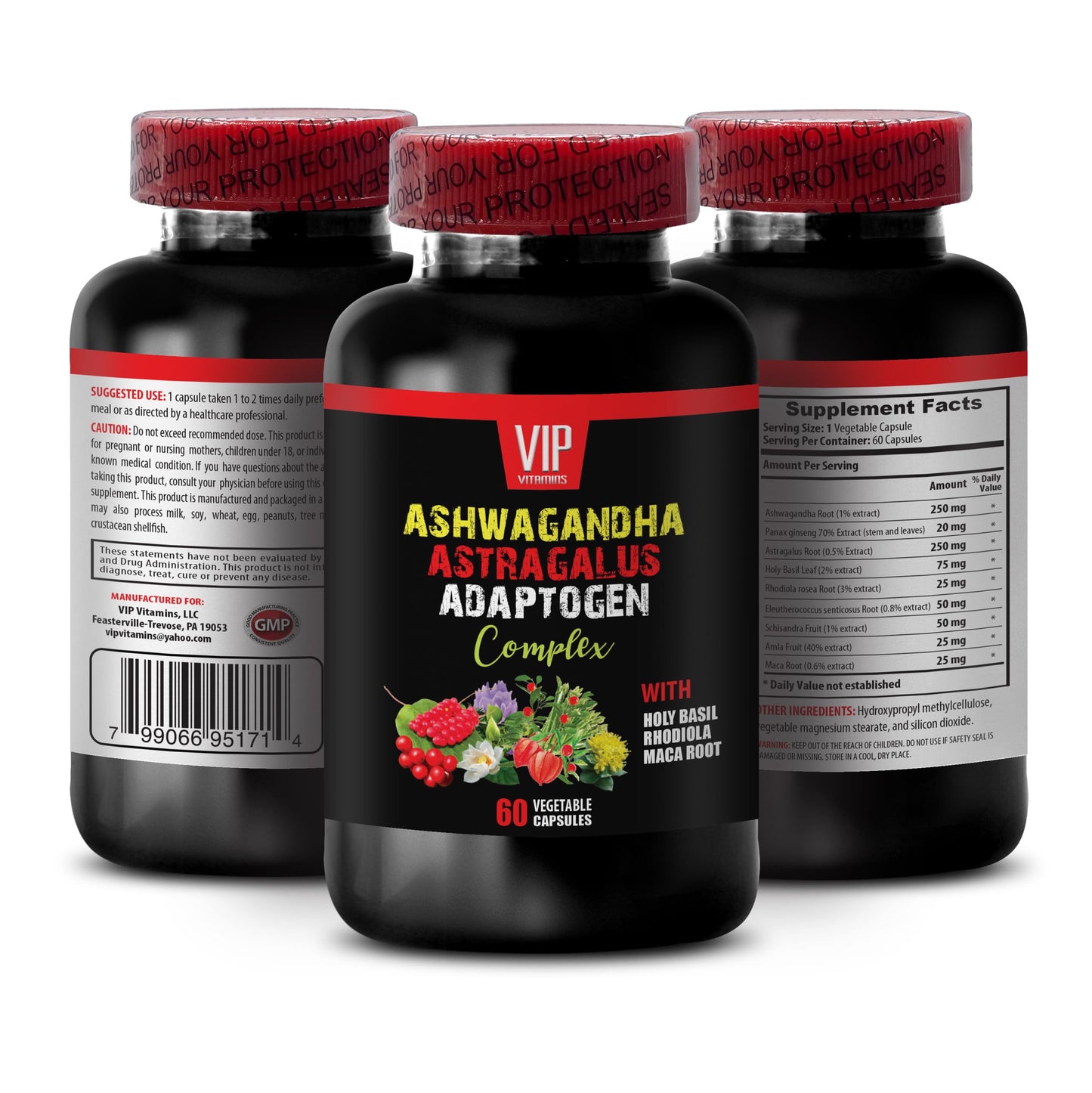 VIP VITAMINS Adapogen Complex Capsules with Ashwagandha, Astragalus, Holy Basil, Rhodiola, Maca Root, Panax Ginseng - Enhance Focus and Cognitive Function, Natural Energy Booster, Immune Support, 60 Capsules