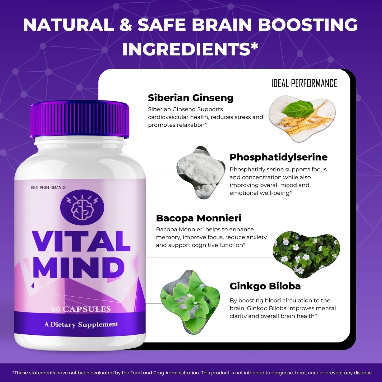 IDEAL PERFORMANCE Vital Mind Brain & Memory Supplement Capsules, 300 Capsules