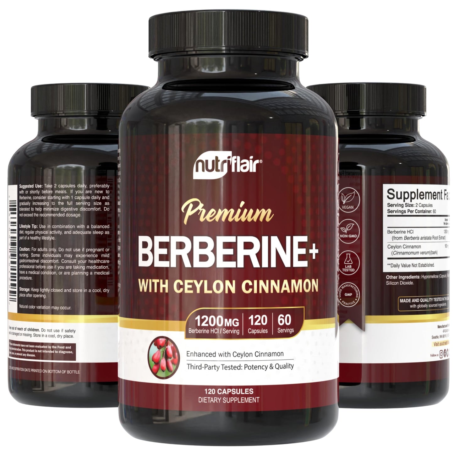 NutriFlair Berberine HCl 1200mg Capsules, 120 Count