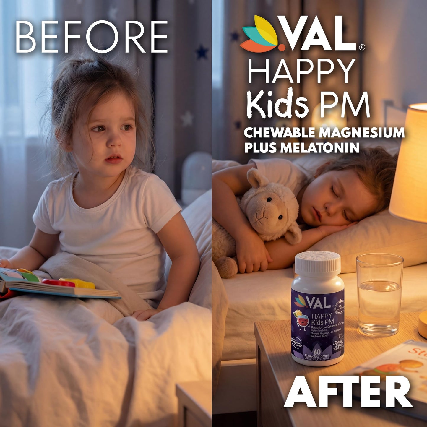 VAL Happy Kids PM Sugar-Free Chewable Magnesium with Melatonin Sleep Support for Children Magnesium Glycinate + Citrate + Taurate B6 C Fruit Punch 60 Tablets