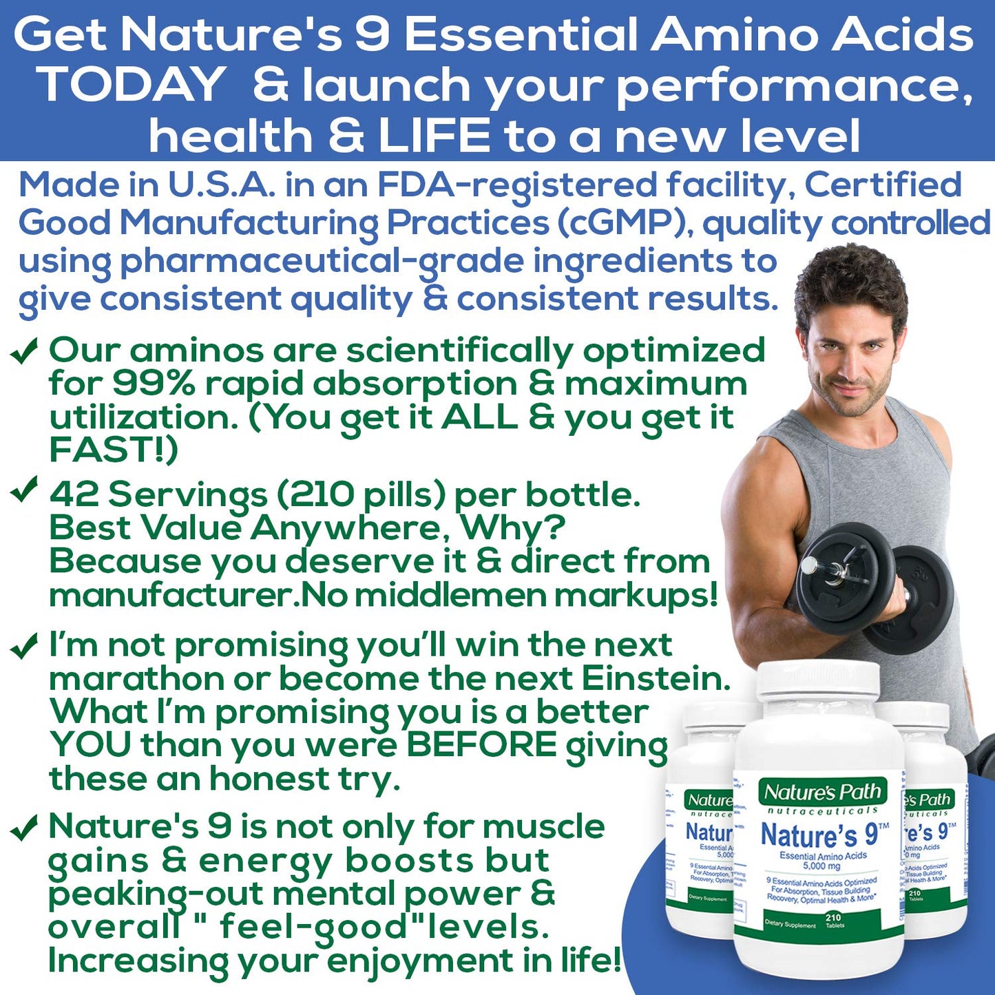 NATURE'S PATH NUTRACEUTICALS Essential Amino Acids EAA Supplement Complete Amino Acid Complex BCAA + EAAS, 210 Tablets