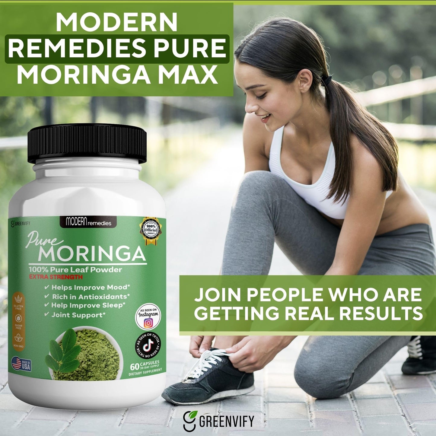 GREENVIFY Pure Moringa Max Leaf Powder Supplement 800mg Capsules, 120 Count