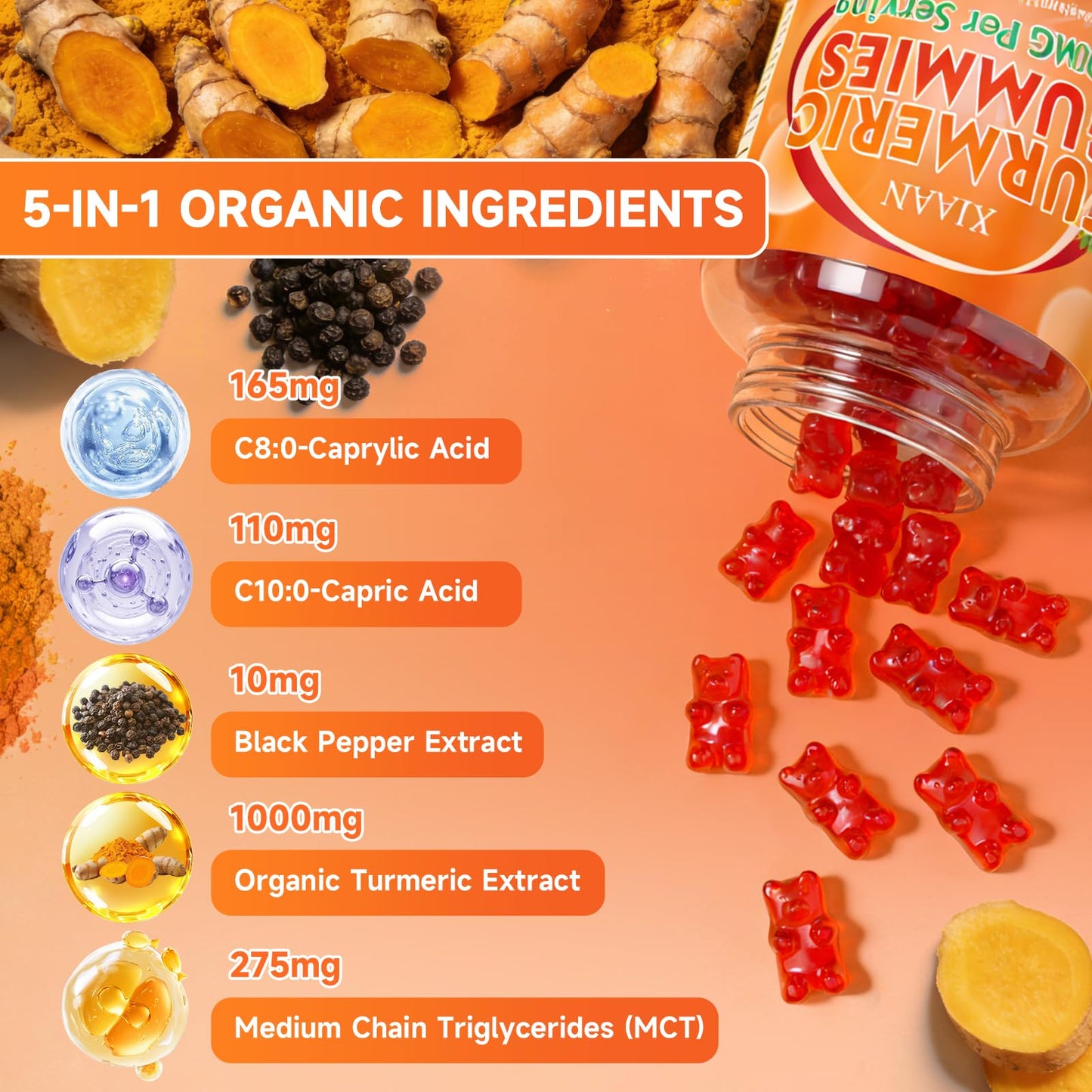 XIAAN Turmeric Gummies 1000mg, 60 Count