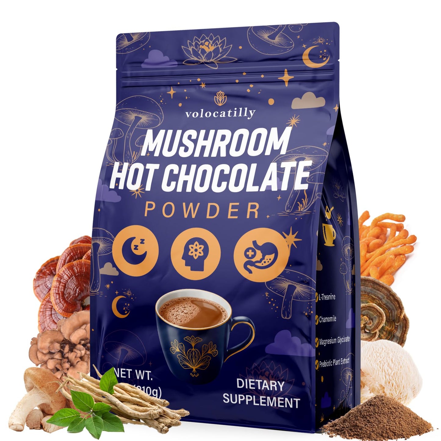 Volocatilly Mushroom Hot Cocoa with Magnesium Glycinate, Reishi, L-Theanine, Ashwagandha, Lemon Balm, Lavender, Organic Cacao Powder Hot Chocolate for Sleep & Relaxation, Vegan Powder 0.24