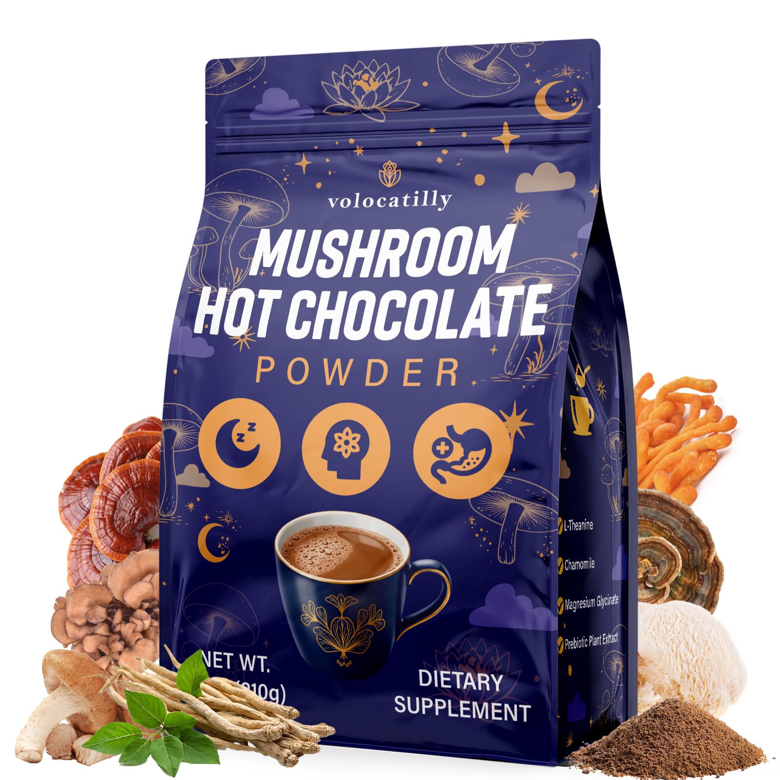 Volocatilly Mushroom Hot Cocoa with Magnesium Glycinate, Reishi, L-Theanine, Ashwagandha, Lemon Balm, Lavender, Organic Cacao Powder Hot Chocolate for Sleep & Relaxation, Vegan Powder 0.24