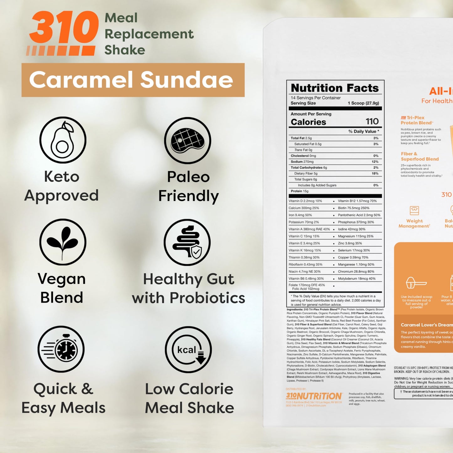 310 Nutrition All-In-One Meal Replacement Shake Caramel Sundae Powder, 28