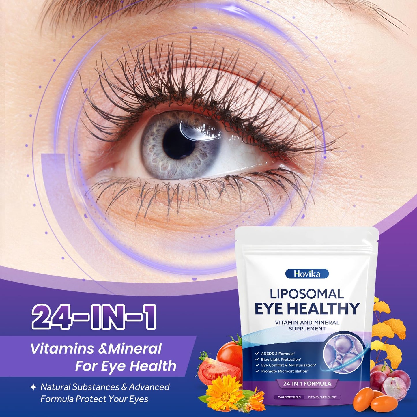 Hovika AREDS 2 Eye Vitamins and Mineral Supplement with Lutein, Astaxanthin, Zeaxanthin, Bilberry Extract, Omega-3, 240 Capsules