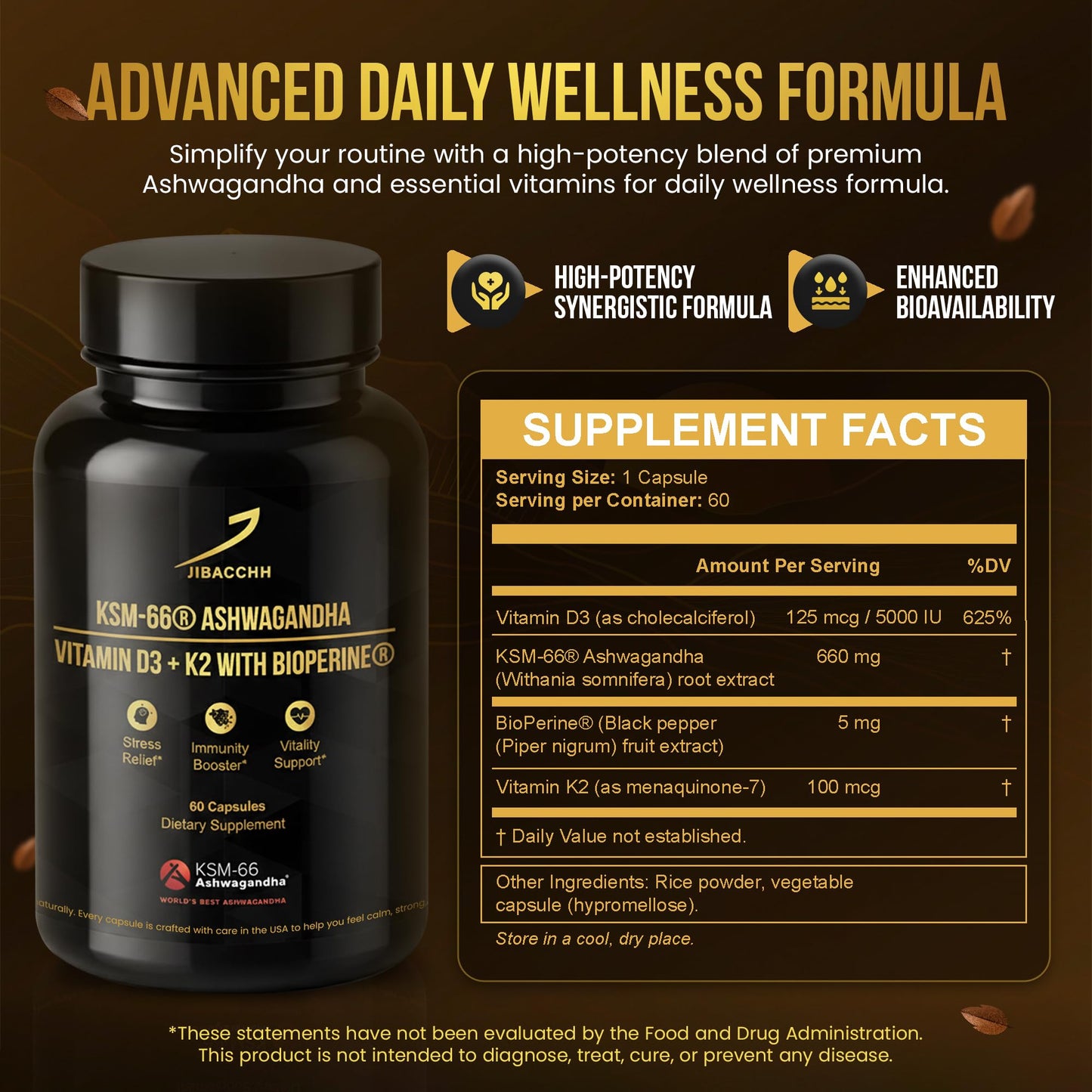 Jibacchh KSM-66 Ashwagandha Supplement 600 mg with Vitamin D3 5000 IU & K2 MK-7, BioPerine for Absorption, 4-in-1 Stress Support, Mood & Immune Health, Capsules, 60 Count