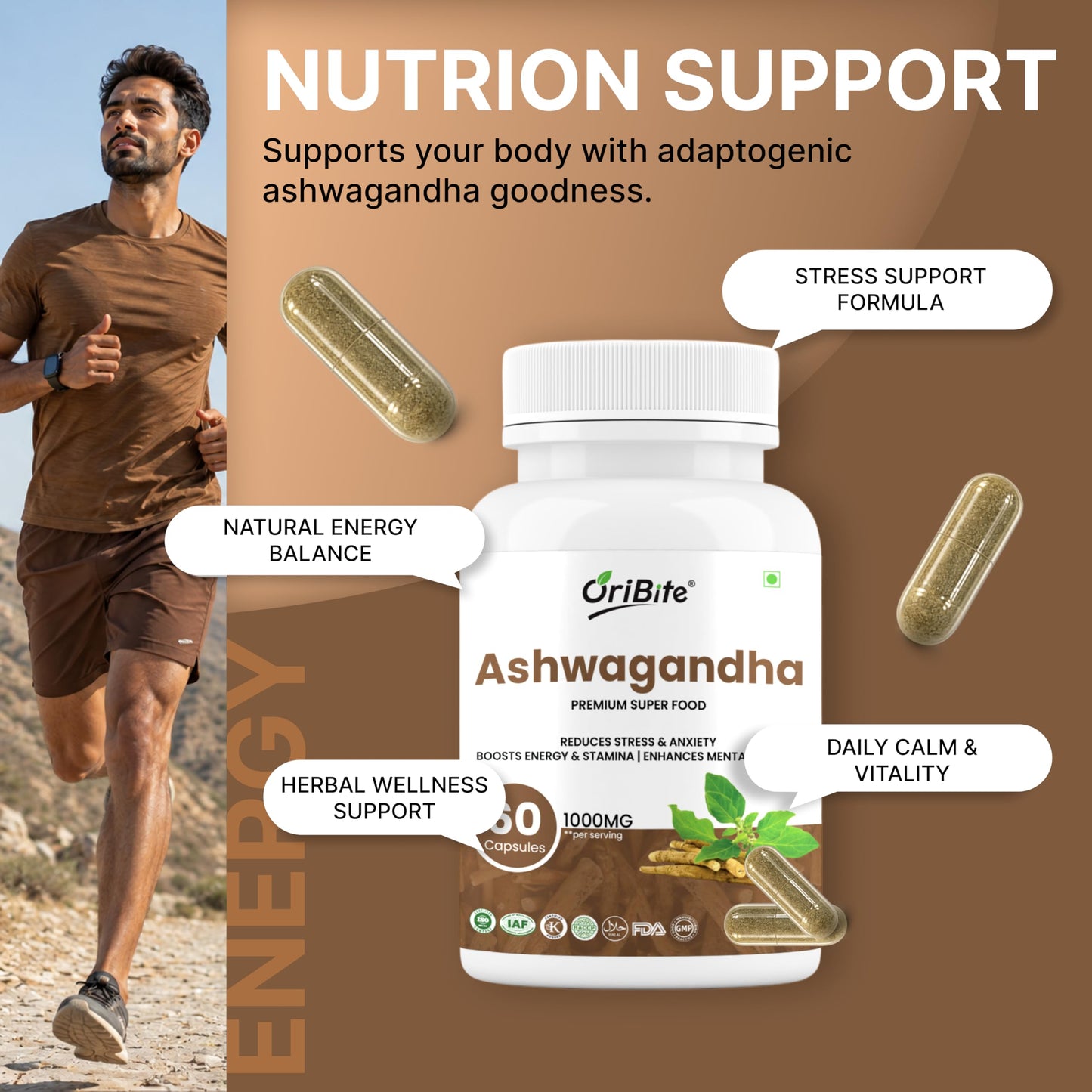 ORIBITE Ashwagandha 1000mg – High-Potency Root Extract (2.5% Withanolides) Vegan Capsules, 60 Capsules