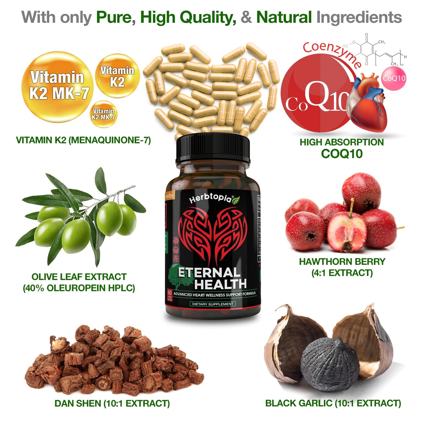 Herbtopia Eternal Health Blood Pressure Support Supplement – Heart Health & Blood Circulation Formula with CoQ10, K2 MK7, Black Garlic, Hawthorn, Olive Leaf & Dan Shen 60 Capsules