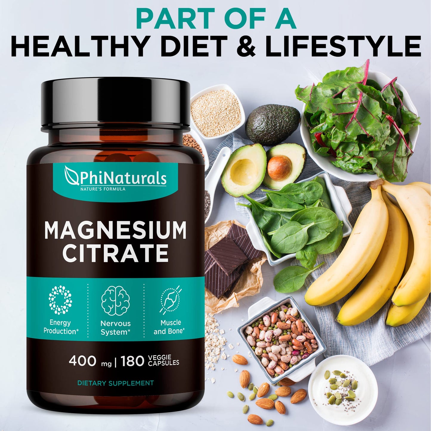PhiNaturals Magnesium Citrate Powder 400mg Capsules 180 Count