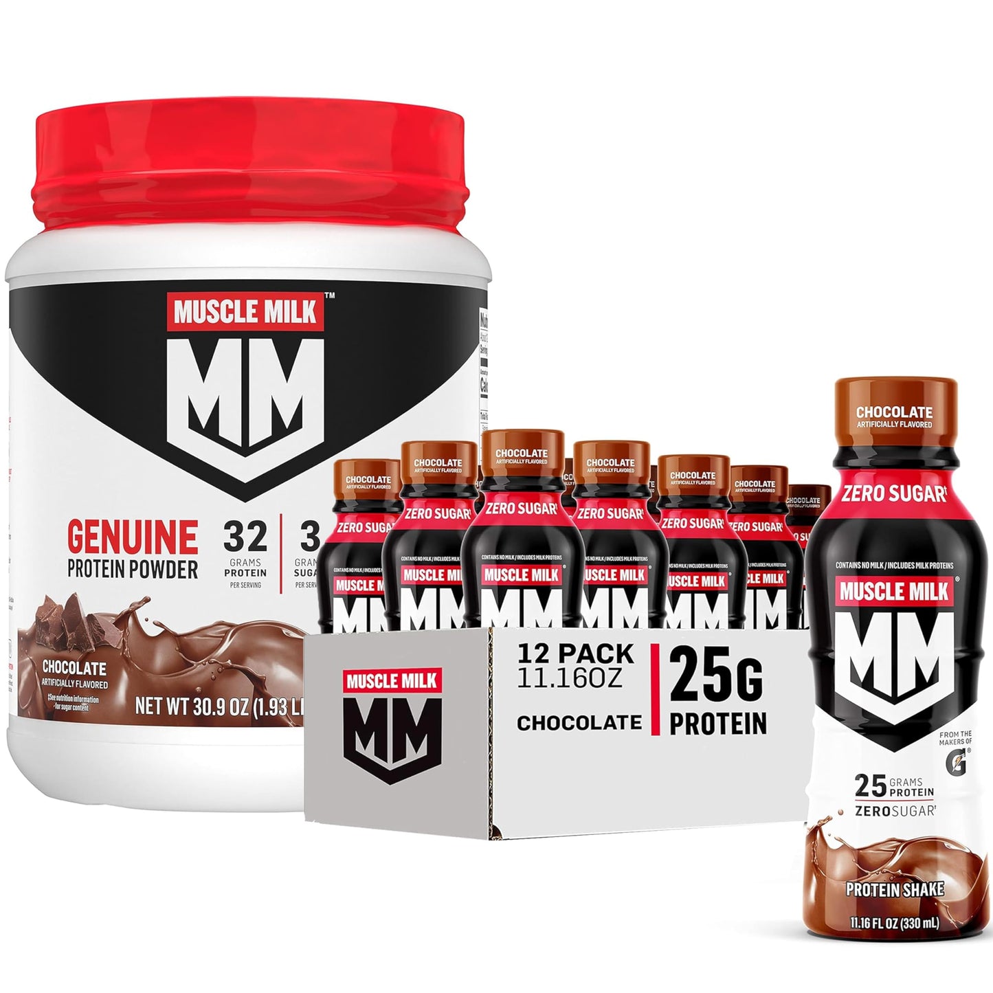 Muscle Milk Genuine Protein Shake and Protein Powder Bundle, Chocolate, 12 Pack