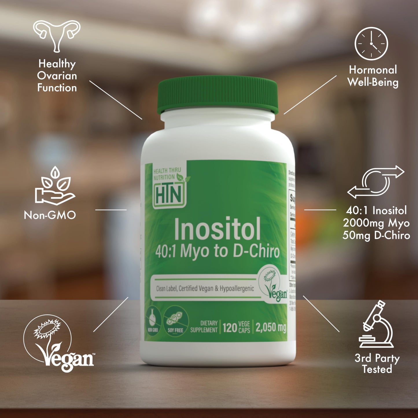 Health Thru Nutrition Inositol Supplement 40:1 Myo-Inositol to D-Chiro-Inositol Ratio 2050mg Per Serving 120 Capsules