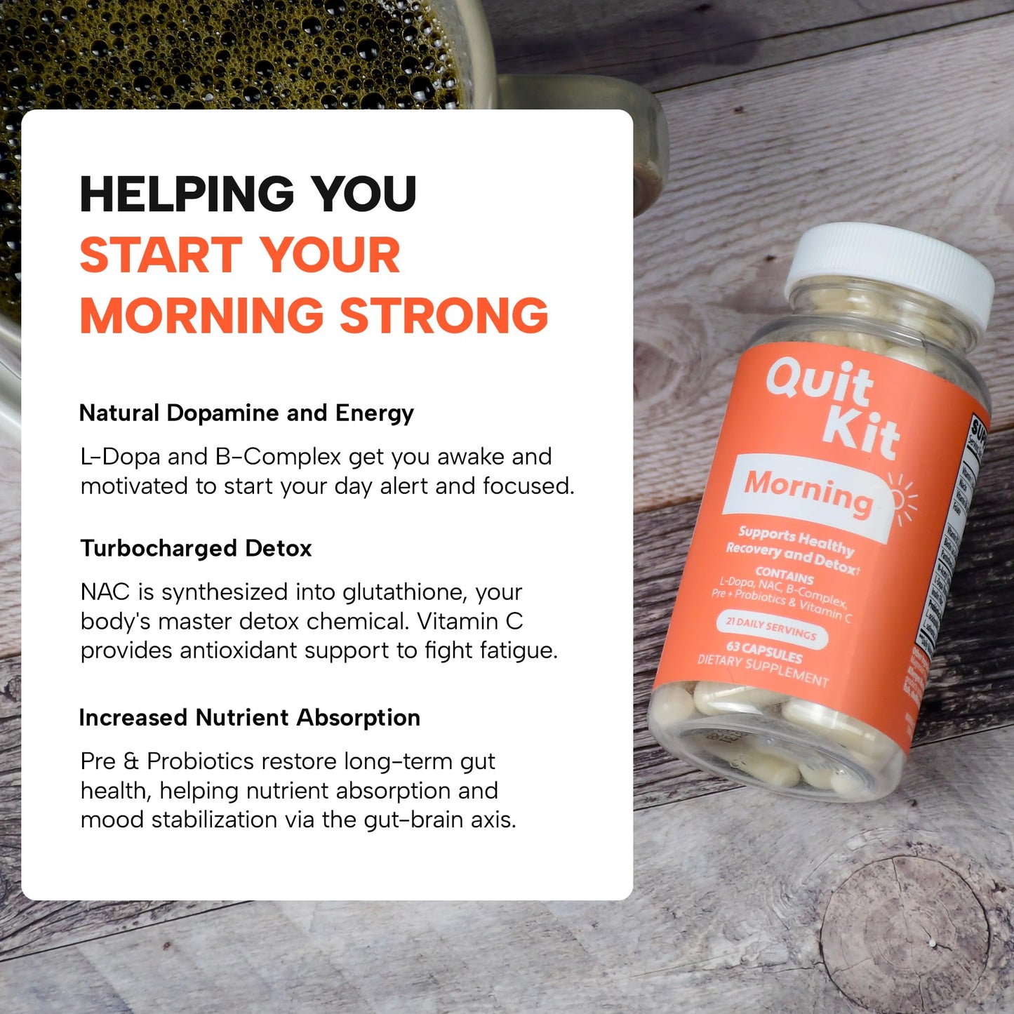 Quit Kit Morning Recovery - Energy & Focus Support, L-Dopa, NAC, B-Complex Capsule, 63 Count