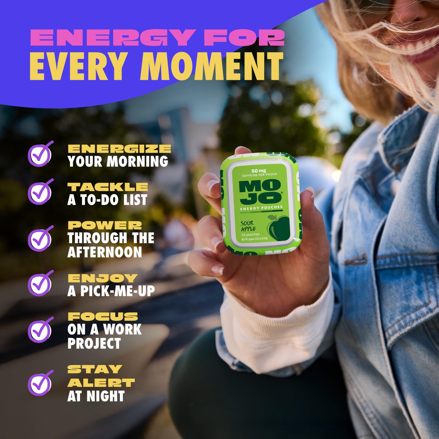 MOJO Energy Pouches Sour Apple Flavor, 50 mg Caffeine per Pouch, Capsule, 15 Count