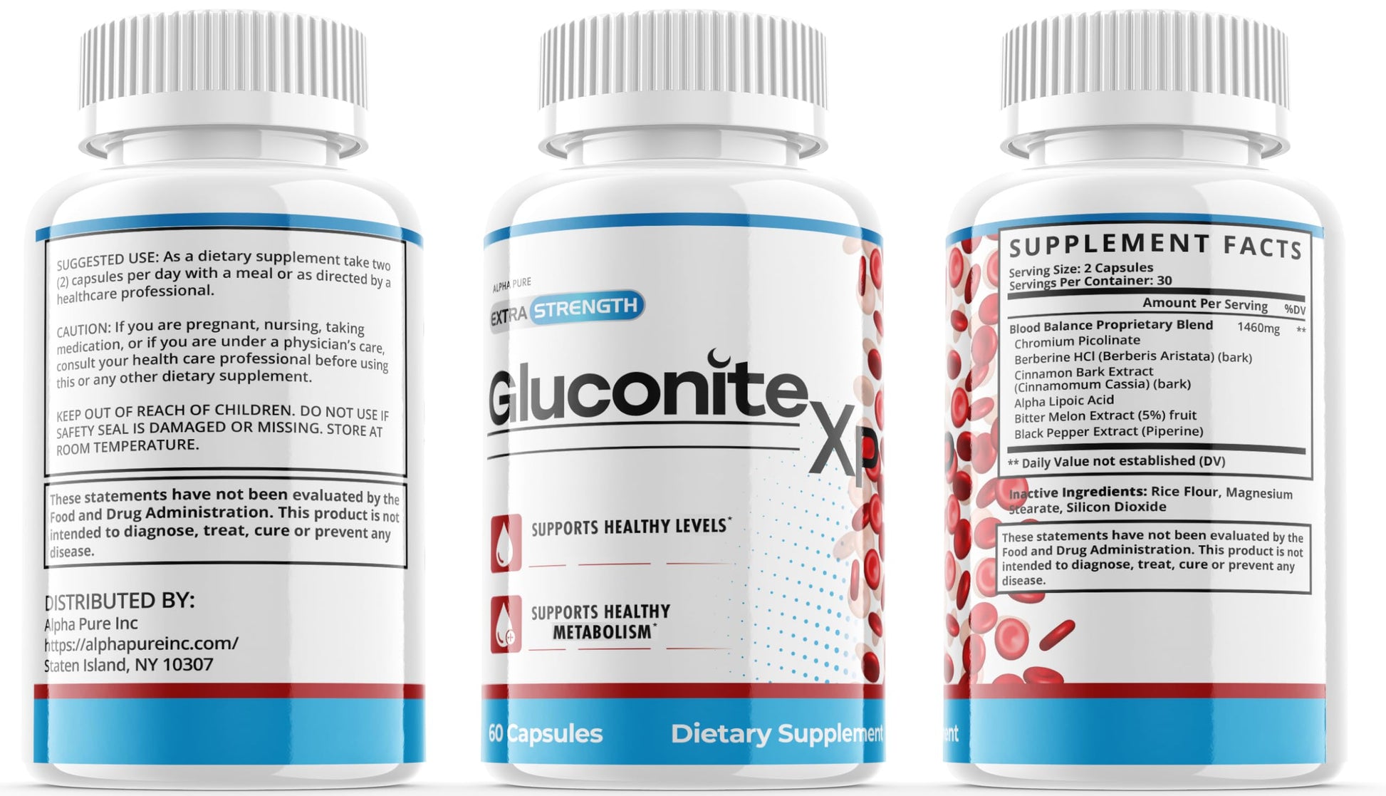 GLUCONITE #1 xp Natural Extra Strength Non Habit Forming, Supports Healthy Levels, Premium Blood Formula Capsules 60