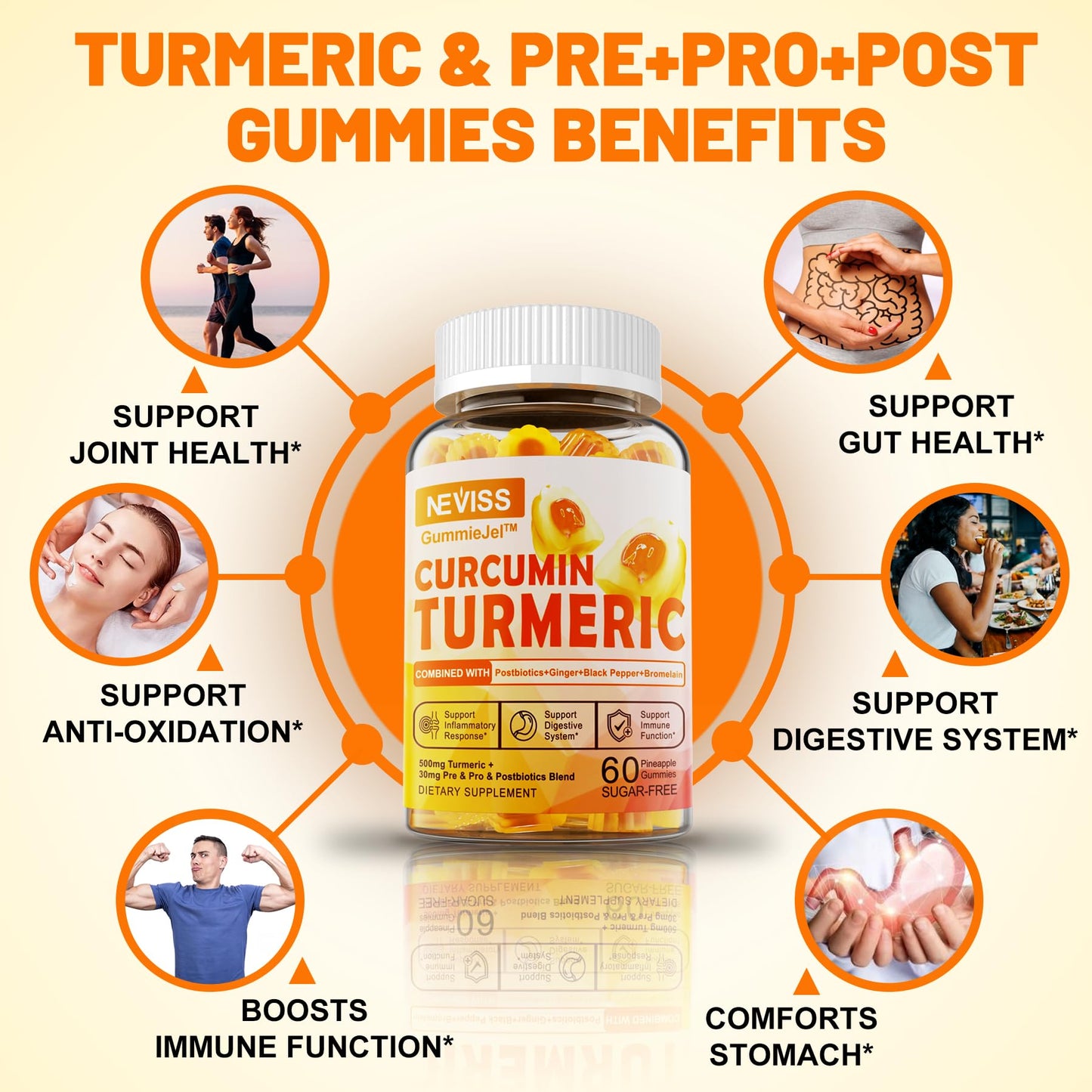 NEVISS Sugar Free Turmeric Curcumin Filled Gummies + Sugar Free Probiotics Gummies, 120 Gummies