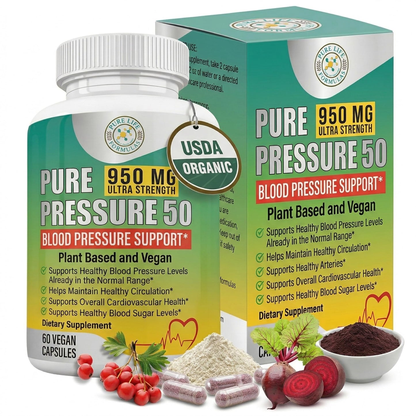 Pure Life Formulas Pure Pressure 50 Blood Pressure Support Supplement 60 Capsules