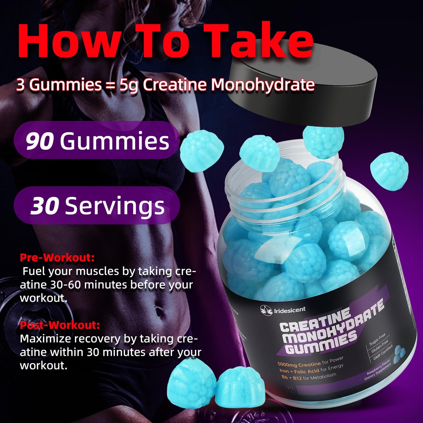 IRIDESICENT Creatine Monohydrate Gummies, 90 Count