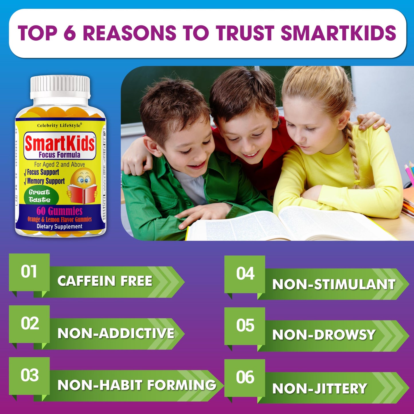Celebrity LifeStyle Product Smart Kids Focus Gummies with Omega-3-6-9 DHA, Orange Flavor, 60 Gummies
