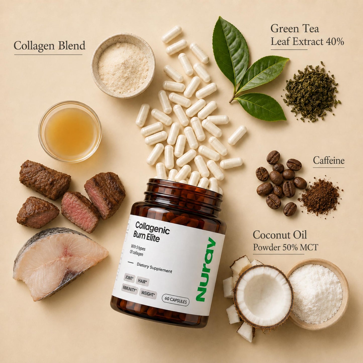 Nuray Collagenic Burn Elite with Green Tea Collagen Peptides, 60 Capsules