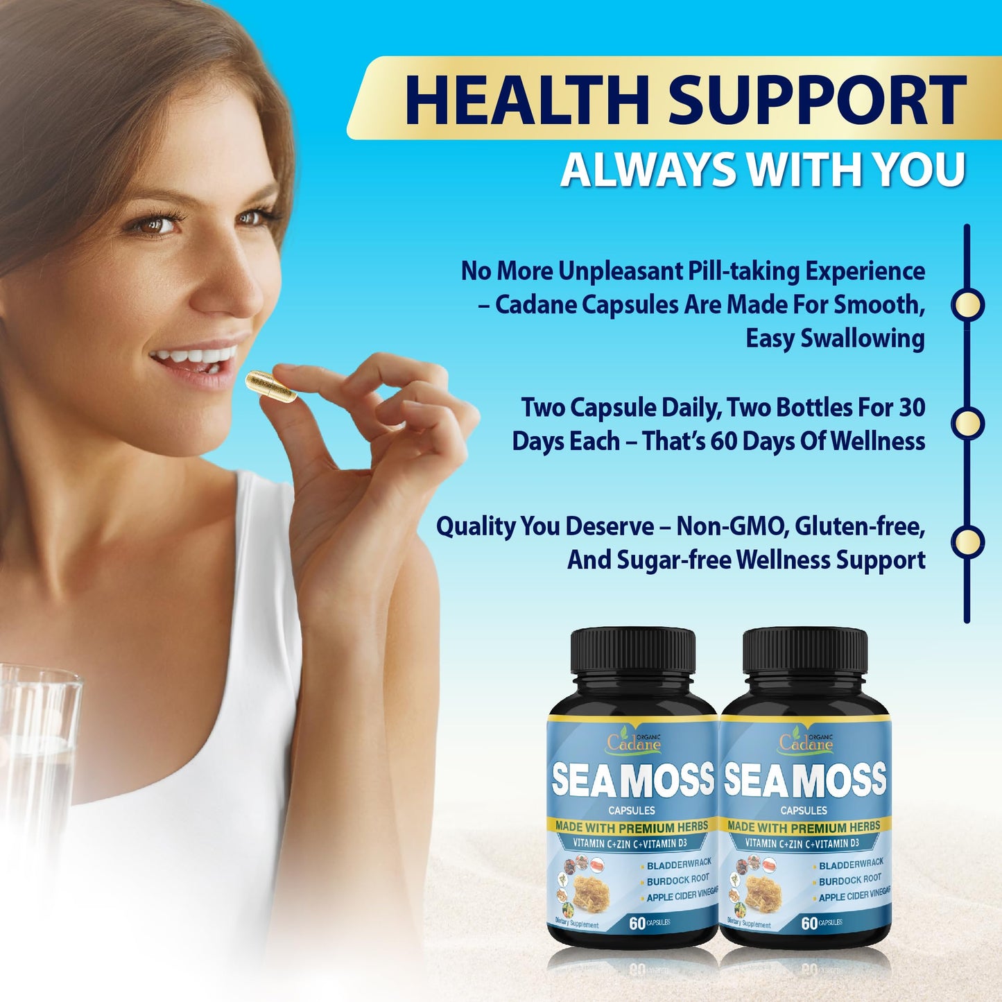 Organic Cadane Irish Sea Moss Powder Capsules, 60 Capsules