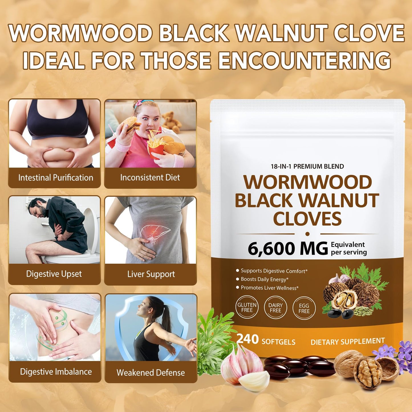 UXENPHXF 18-in-1 Wormwood Black Walnut Clove Herbal Capsules, 480 Capsules