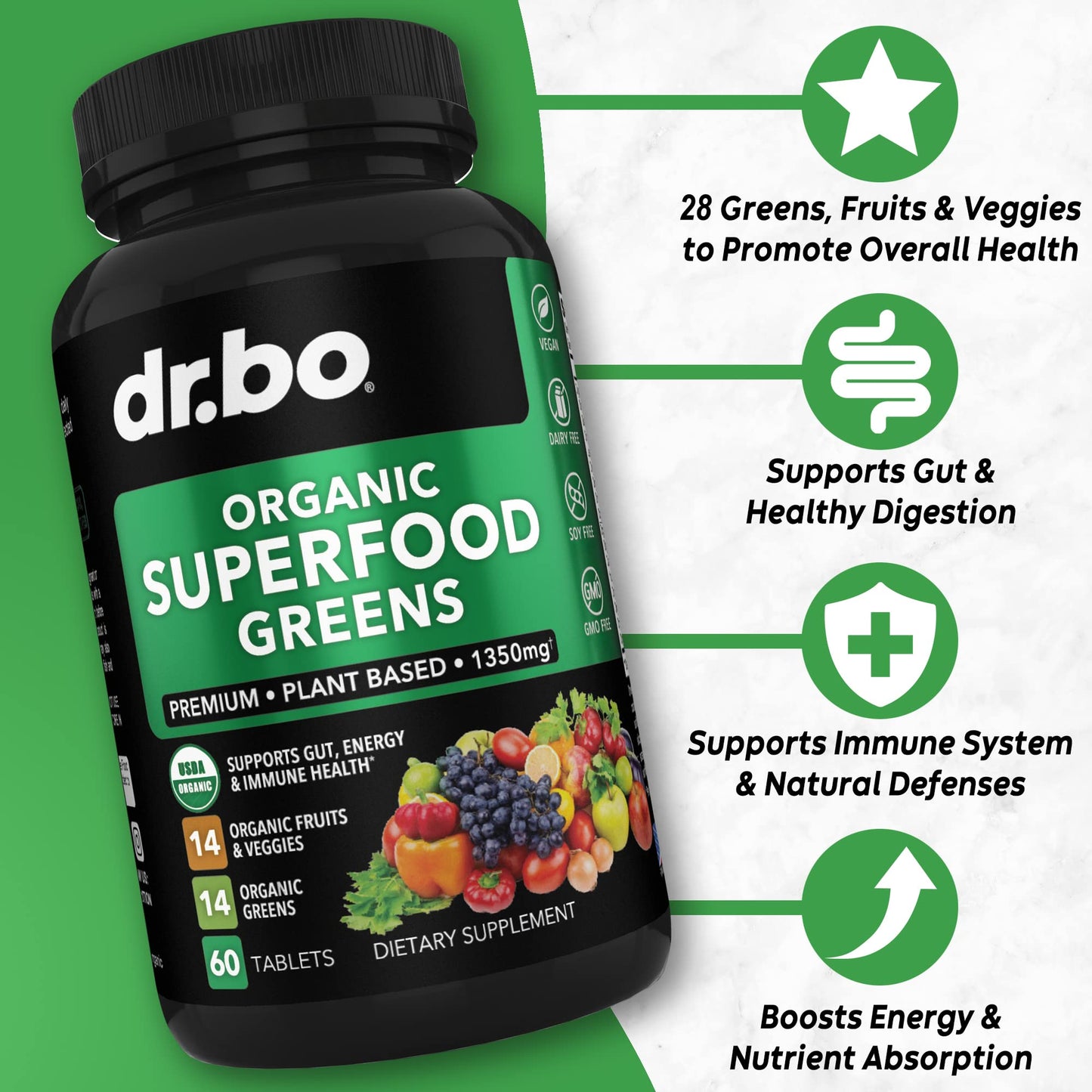 DR. BO Organic Superfood Greens & Fruit Supplements 60 Tablets