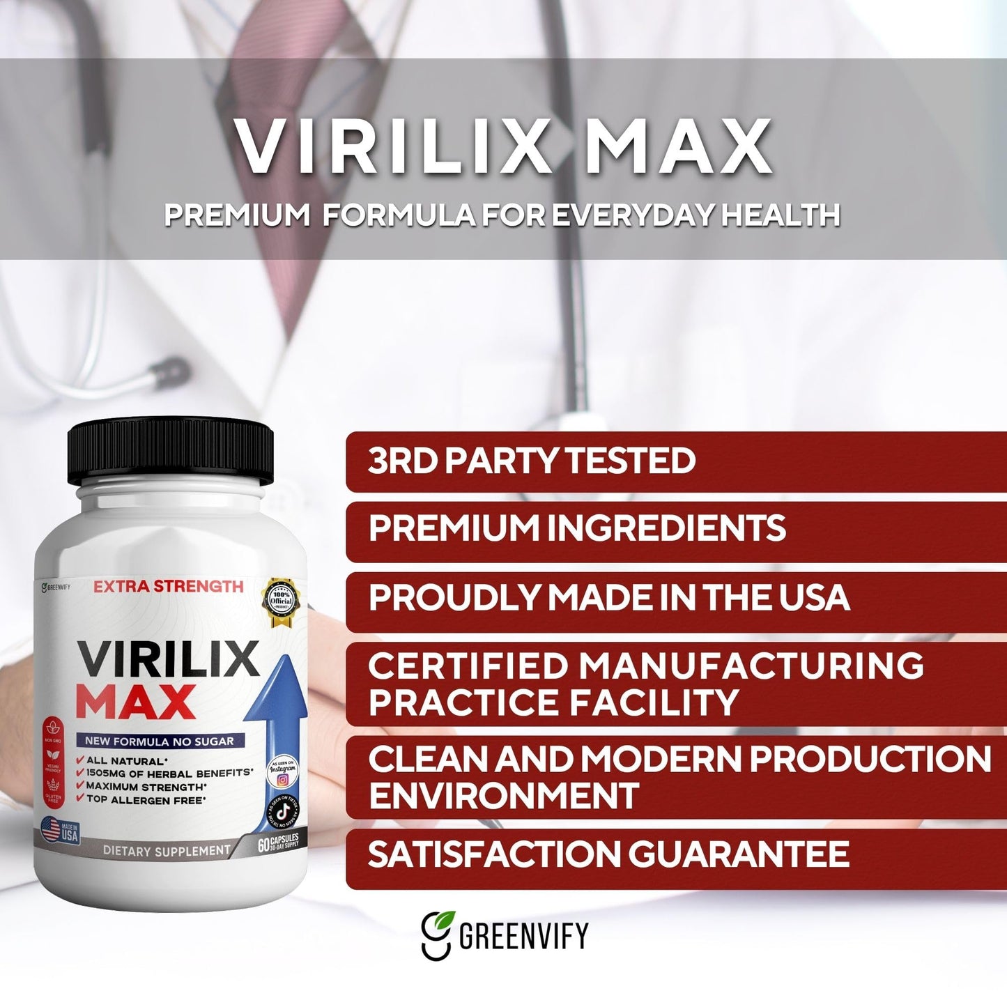 GREENVIFY Virilix MAX Dietary Supplement Herbal Blend Organic Maca Root Capsule, 60 Capsules