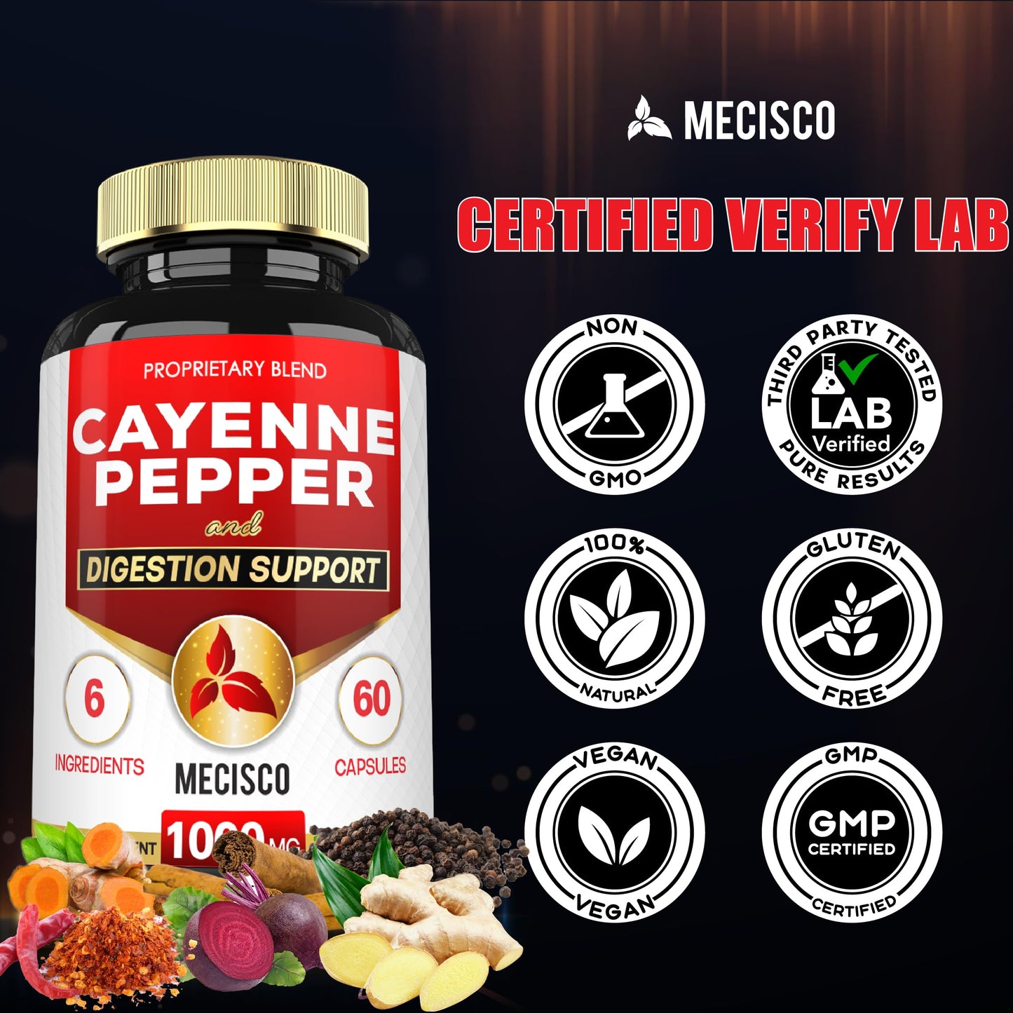 Mecisco 6in1 Cayenne Pepper Capsules with Ginger Root, Beet Root, Black Pepper 60 Count