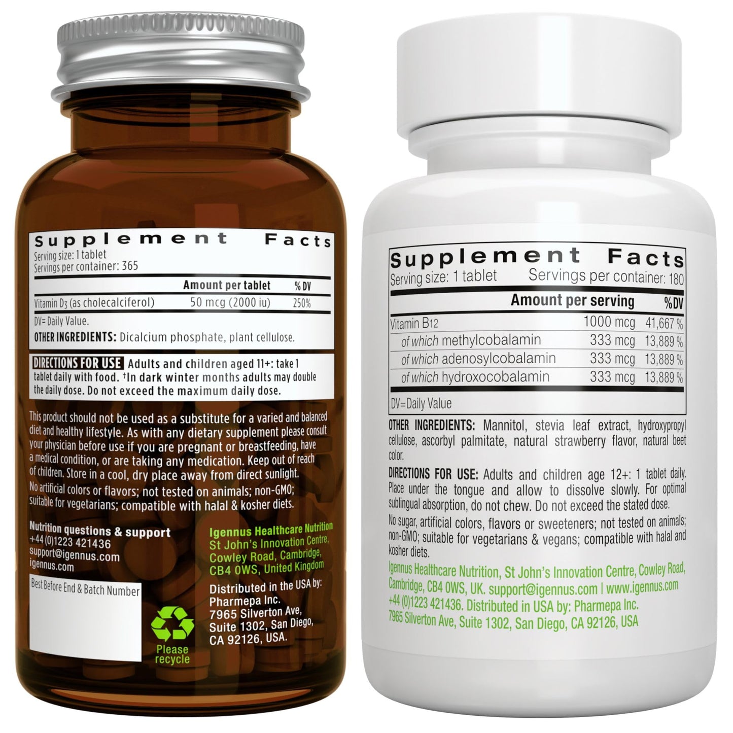 Igennus Healthcare Nutrition Daily Vitamin D3 + Super B12-Complex Vegetarian Bundle, 2000iu Vitamin D3 Tablets and Sublingual B12, 545 Count