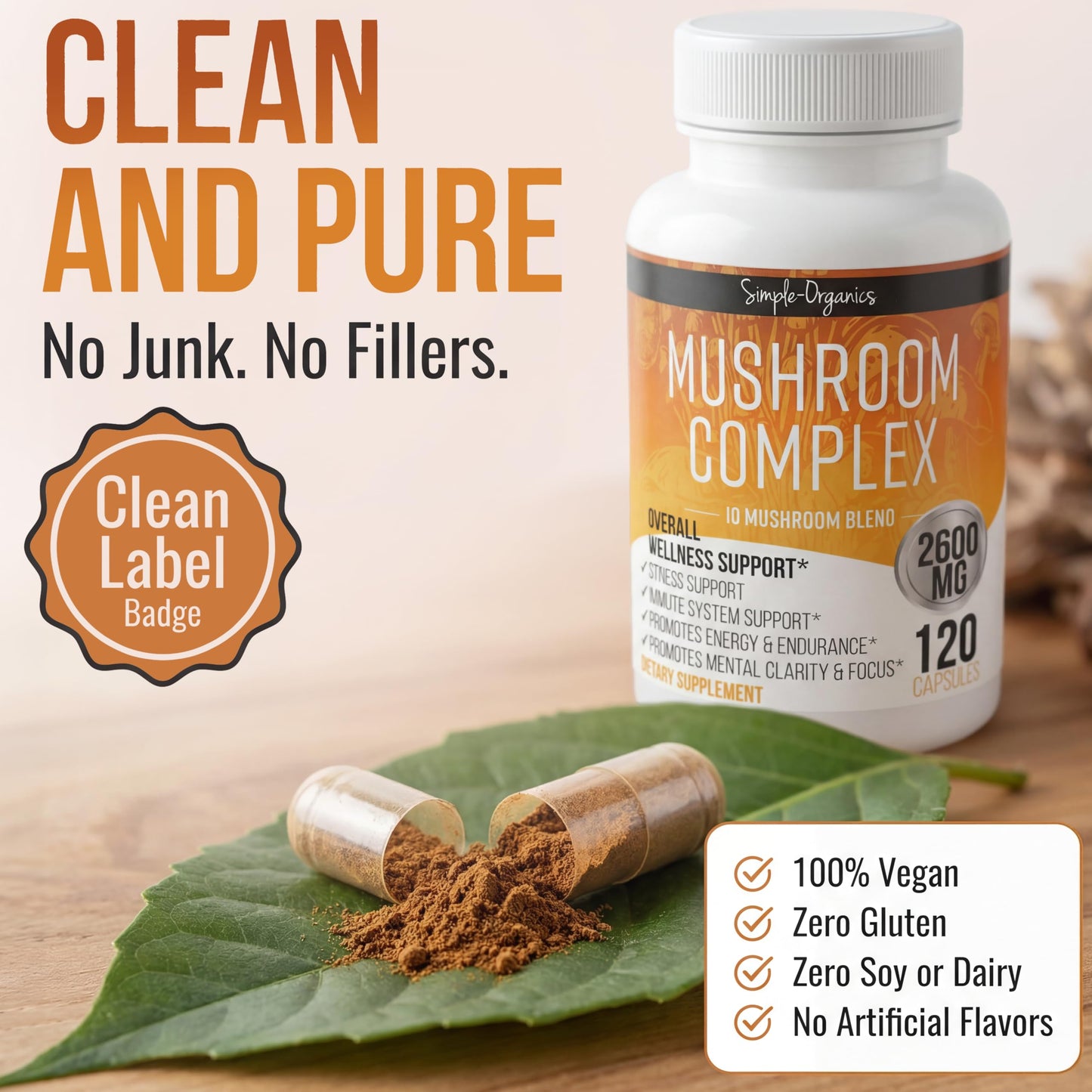 Simple-Organics 10 Mushroom Brain Supplement for Memory & Focus 2600mg 120 Capsules