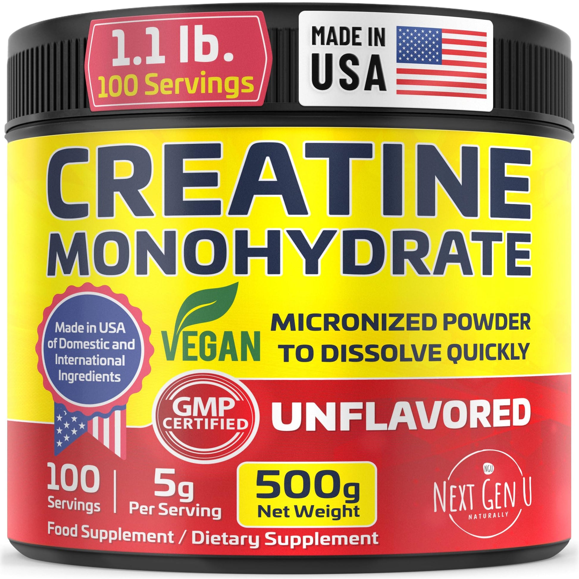 NGU Next Gen U Vegan Creatine Monohydrate Powder, 17.637 oz