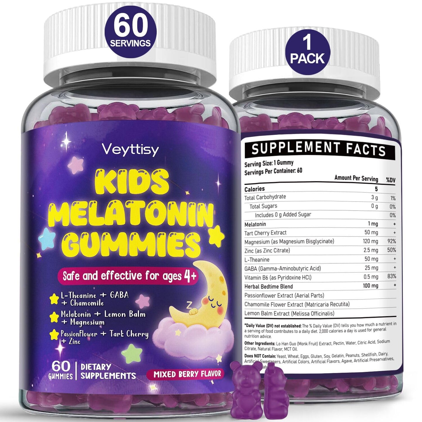Veyttisy Kids Melatonin Gummy 1mg, 60 Gummies