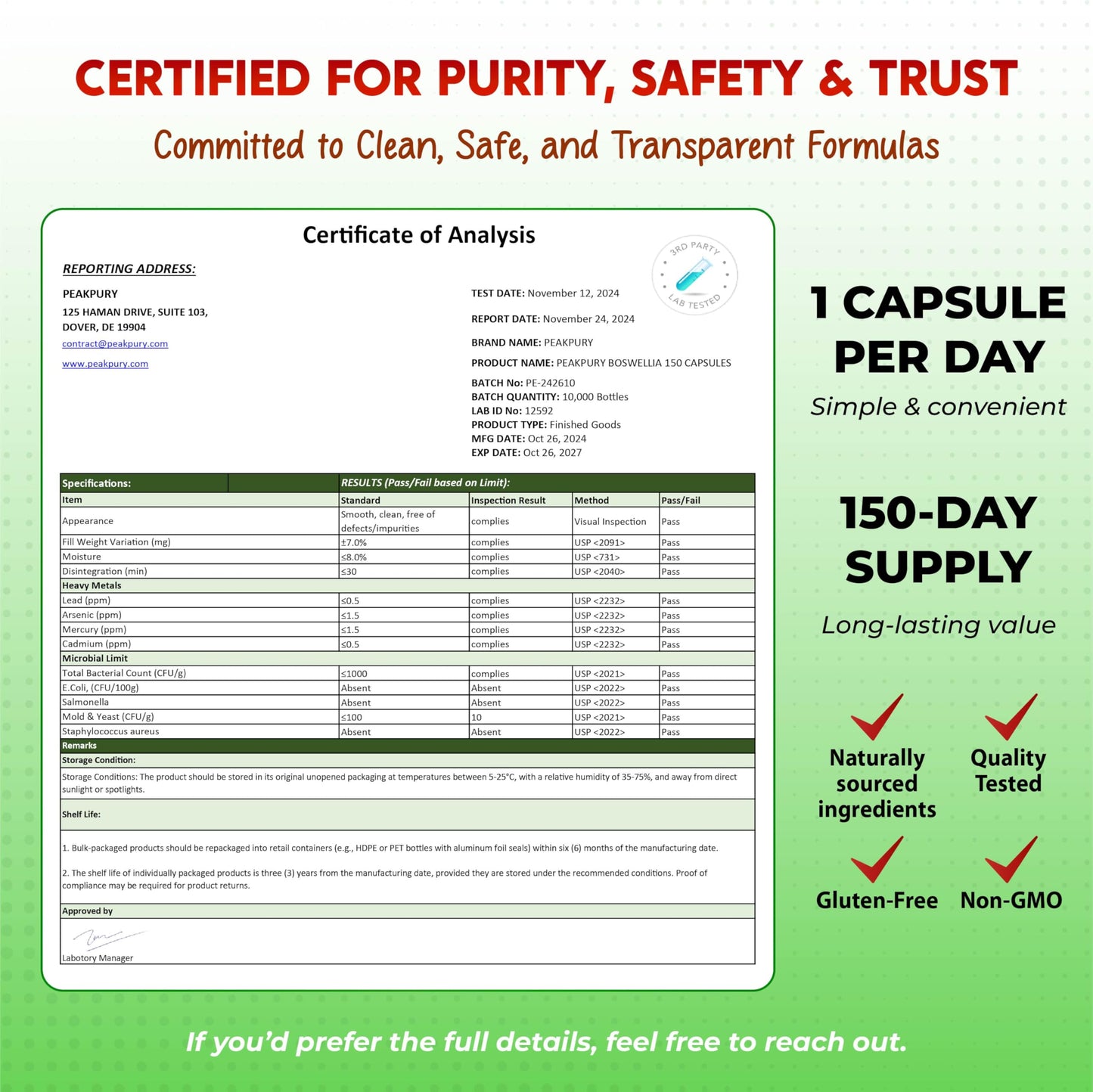 PEAKPURY All-in-1 Boswellia, Turmeric, White Willow & Ginger Supplement Capsules 150
