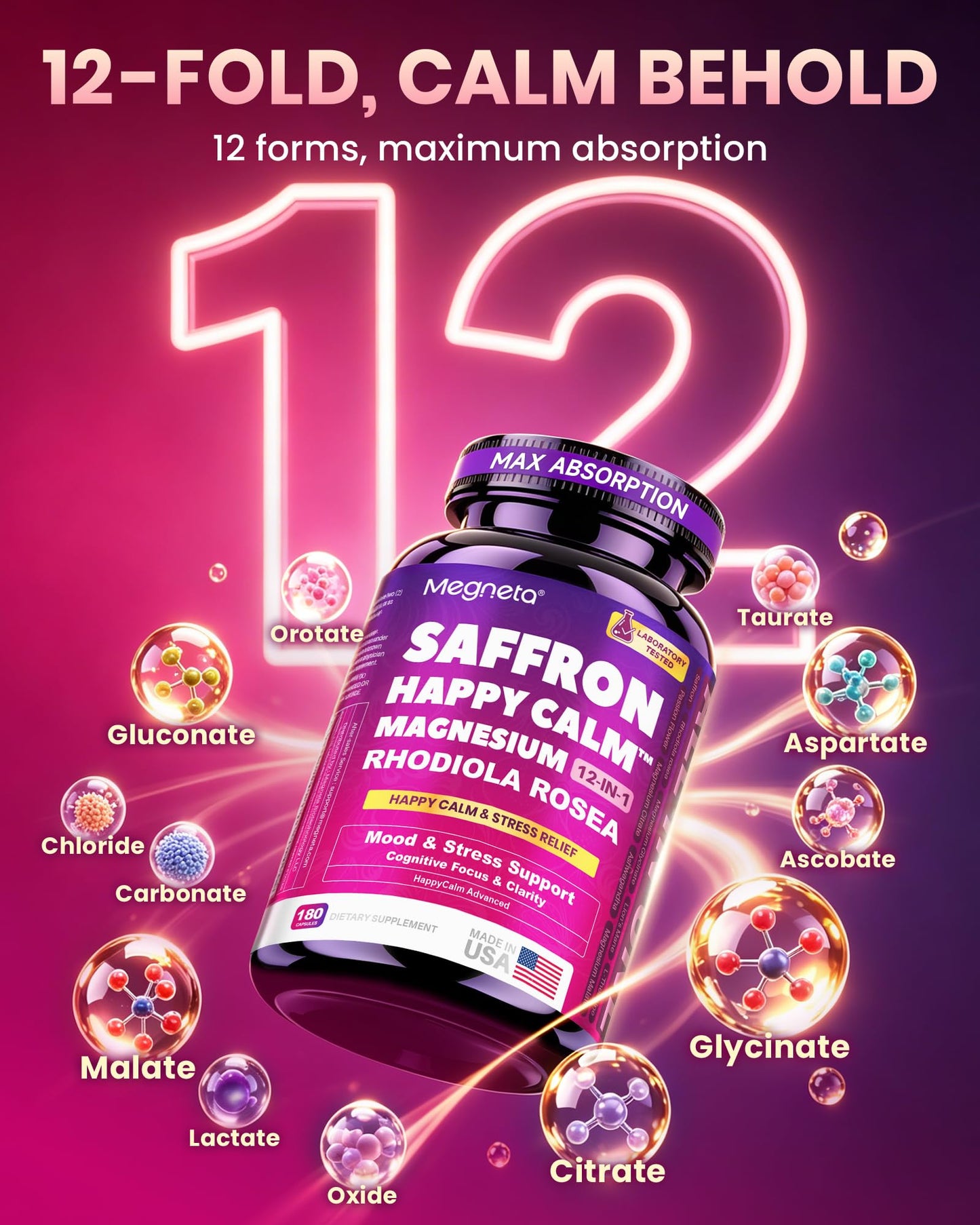 MEGNETA Liposomal Magnesium Complex 1000mg, Saffron Supplement for Women & Men, 180 Capsules