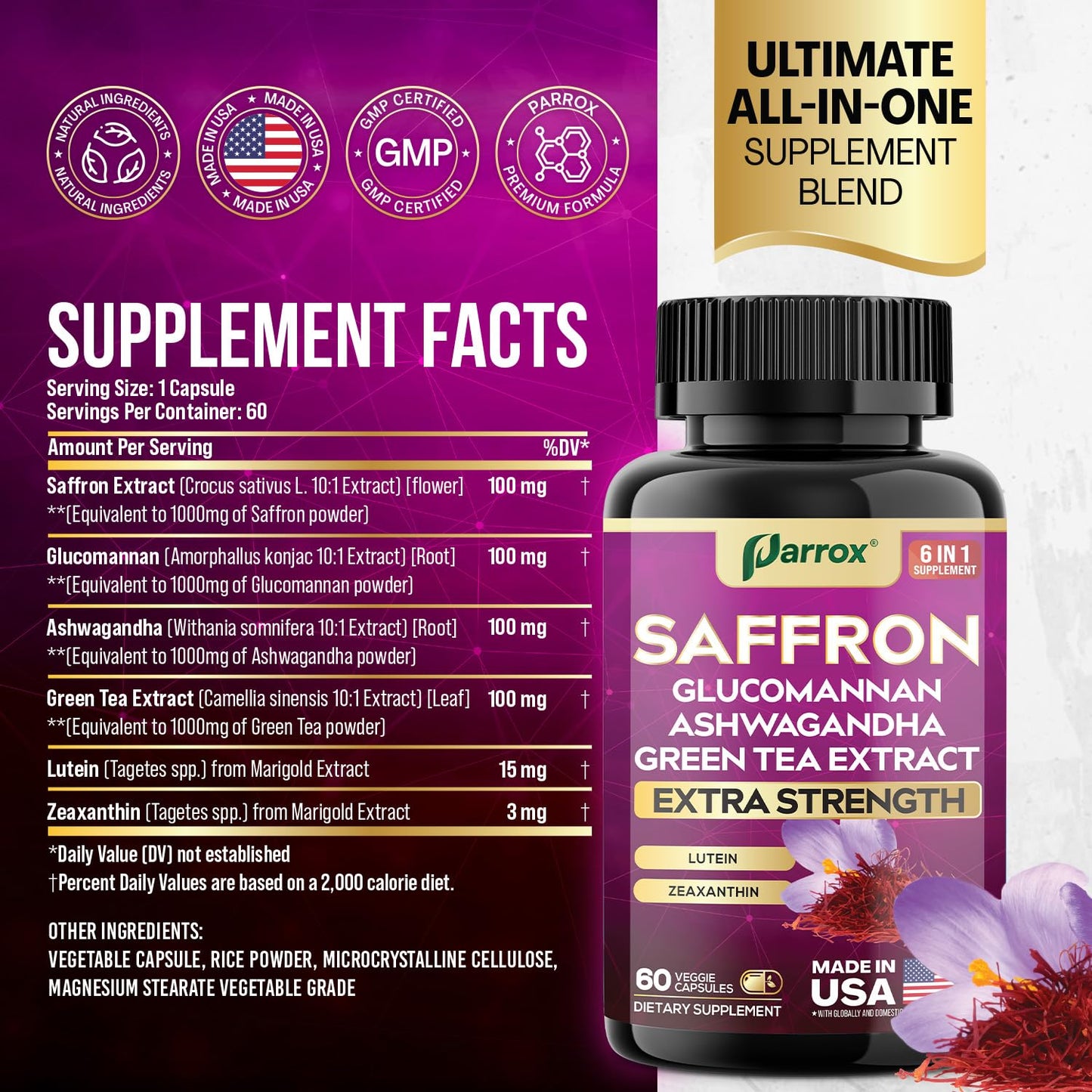 Parrox Saffron Supplement, Vision & Wellness Support, Glucomannan Capsules, 60 Capsules