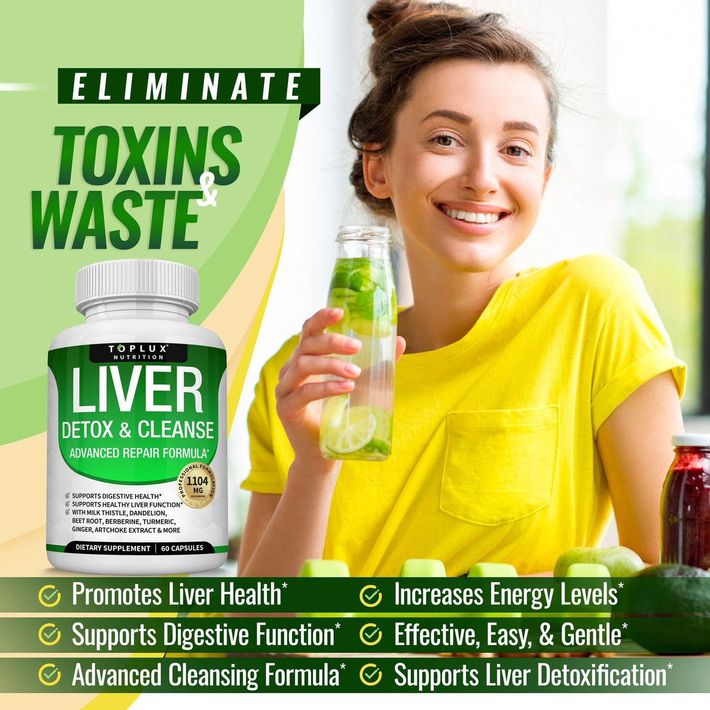 Toplux Liver Cleanse Detox & Repair Formula Liver Detox Supplement – Milk Thistle with Dandelion, Artichoke, Turmeric, Beet Root, Turmeric & More for Natural Fast Herbal Cleansing Non-GMO Vegan 60 Capsules